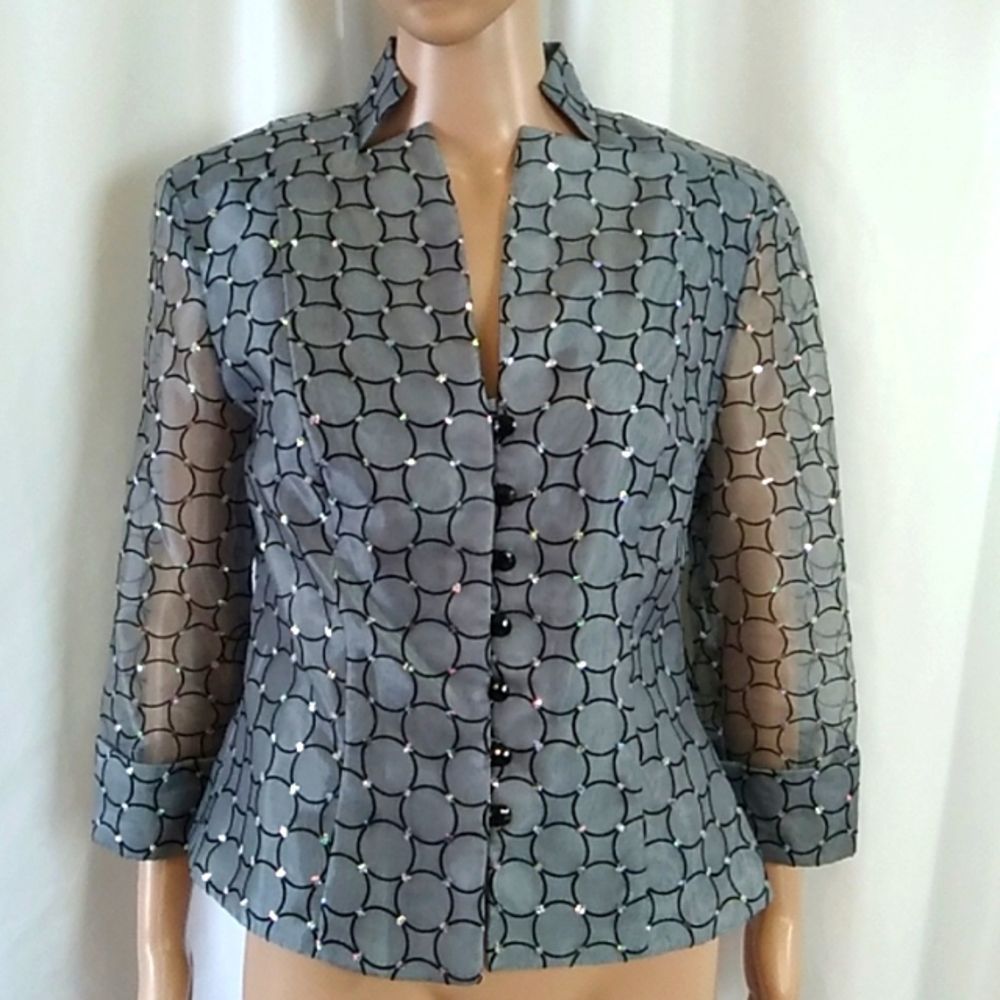 Vintage J.R. NITES by Carol Lin semi sheer Gray with rhinestones sheer sleeves.